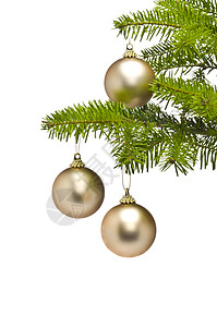 圣诞树枝的3个金装饰球图片