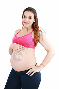 孕妇在白种背景上抚摸她的肚子生活微笑分娩母亲家庭女孩女士婴儿成人母性图片