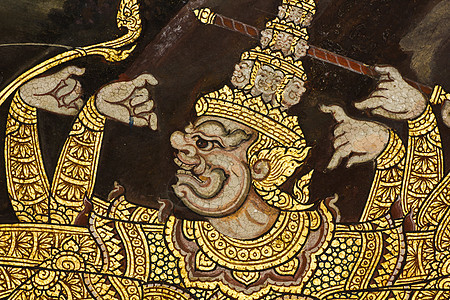 寺庙墙壁上的泰式艺术绘画 泰国的普遍性 佛教教堂装饰的任何一种艺术等 用人们捐赠的钱创作 复制或使用不受限制植物建筑学金子墙纸旅图片
