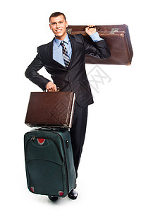 拥有三个手提箱的年轻商务人士工人喜悦男人行动男性运输幸福成人职业行李图片