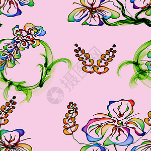 弗洛拉尔时尚墙纸 无缝模式图案粉色装饰品织物花束花卉插图装饰叶子打印图片