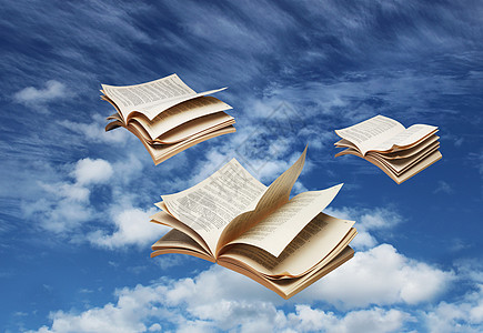 在蓝天上飞翔的三本书学习想像力飞行天空知识教育文学教科书航班图片
