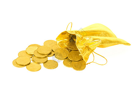 金袋里的钱币 白纸上孤立的商业金子储蓄硬币金属财富繁荣成功财务速度图片