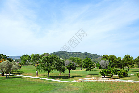高尔夫球场上的绿草太阳高尔夫球公园草地生活天空驾驶蓝色晴天游戏图片