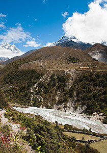 喜马拉雅山脉 溪流和Lhotse Lhotse沙山峰图片