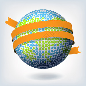 带有橙色丝带的地球抽象符号 矢量图示 E横幅标签生活海洋广告海报球形贴纸行星互联网图片