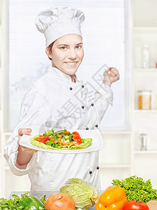 提供素食用餐的厨师酒店烹饪职业奶油沙拉美食女性餐厅食物白色图片