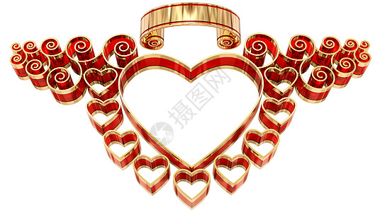美丽的圆形边框 有心和卷曲魅力漩涡玻璃婚礼金属蜜月螺旋标语铰链金子图片