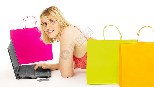 有吸引力的妇女在互联网上购物 女性在网上购物骗取消费者资讯购物狂电脑冲浪公司大学学生贸易图片