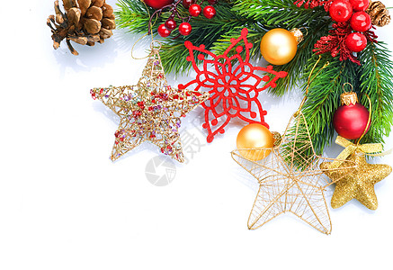 圣诞边境线被白边隔绝黄色传统装饰假期松树玩具星星装饰品红色雪花图片