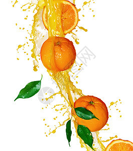 橙子水果和喷洒果汁加白液体树叶苏打溪流水滴运动热带饮食柠檬飞溅图片