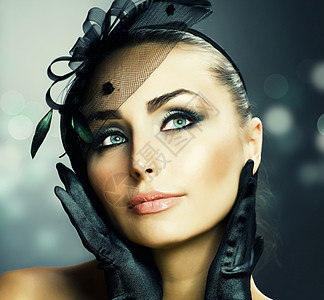 年轻女性肖像 重塑化妆星星假期羽毛女孩手套皮肤名声阴影宣传化妆品图片