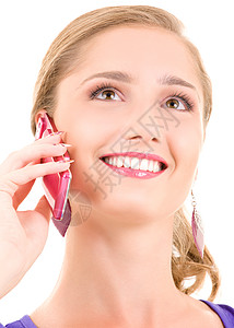 带着粉红手机的快乐女孩八卦情感青少年细胞技术生活呼唤微笑乐趣电话图片