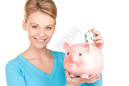 可爱的有小猪银行和钱的女人投资女性财政金融小猪银行经济现金女孩笔记图片
