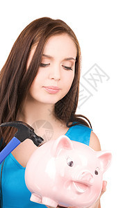 拥有小猪银行和锤子的少女蓝色贪婪储蓄金发女郎财政粉碎女性金融小猪银行图片