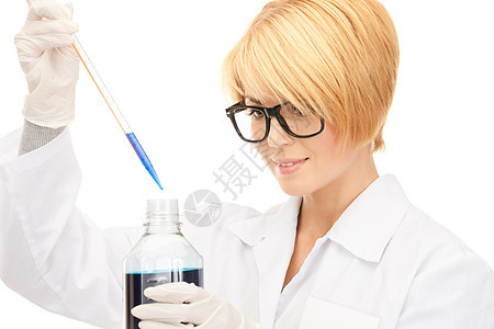 实验室工人持有测试管诊断女士教育液体眼镜生物学女性测试手套专家图片