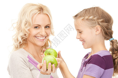 绿苹果妈妈和小母女女儿家庭女士早餐水果微笑食物保健女孩卫生图片