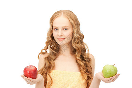 青绿红苹果的年轻美少女女性卫生营养早餐食物福利水果保健活力饮食图片