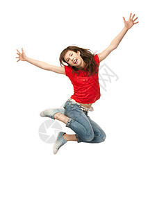 正在跳入少女的少女行动自由女性女孩牛仔裤空气衬衫快乐青少年喜悦图片