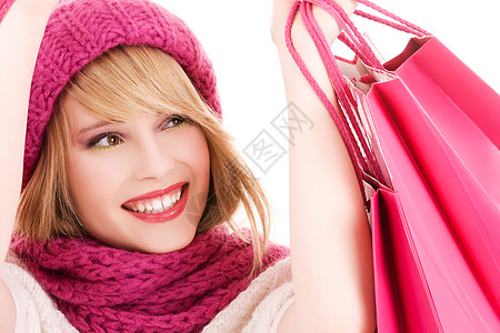 专柜羊毛青少年享受购物者微笑购物金发女郎奢华礼物围巾图片