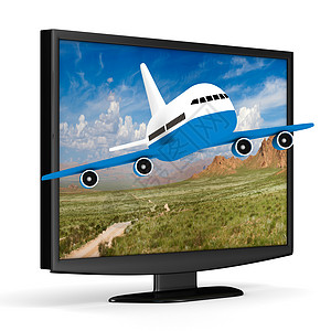 白色背景的电视和飞机 孤立的 3D 图像图片