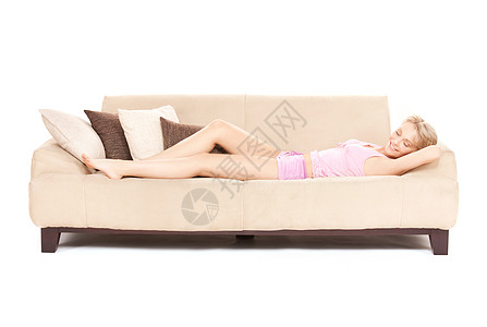 在沙发上睡着的女人睡眠休息女性女孩家具小憩瞌睡眼睛闲暇房间图片