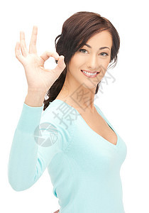 年轻女青年显示好牌女性皮士手势快乐手指学生工人商务成功协议图片