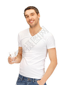 穿白衬衣 带杯水的男子保健微笑福利活力饮食卫生男性减肥平衡液体图片