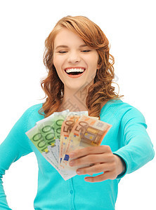 带着欧元现金钱的快乐少女投资女孩收益购物笔记货币成功经济学成就金融图片