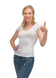 穿着白白白色短袖圆领汗衫 举起大拇指协议衬衫手臂学生女士成就女性微笑手势手指图片