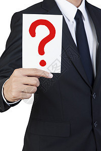 商务人士持证文件红色手指男人问号白色卡片男性套装工人领带图片