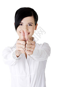 笑得开心的女商务人士 用拇指举起手势人士女孩商业喜悦学生工作女士女性黑发手指图片