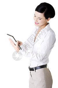 拿着有触摸板的片剂计算机的女商务人士工作网络机动性互联网商务屏幕软垫展示手指工作室图片