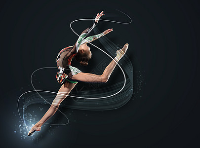 身穿体操服装的年轻女子艺术舞蹈家竞赛活动俱乐部女孩杂技跳跃有氧运动平衡图片