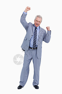快乐的成熟商务人士 手举臂起身图片