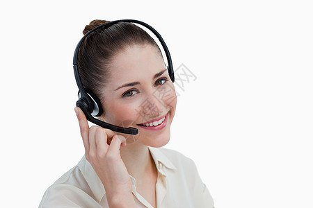 微笑操作员用耳盔装模样办公室营销麦克风服务帮助电话人士管理人员求助商业图片