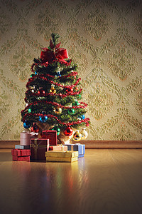 圣诞树礼物木地板假期礼包节日背景图片