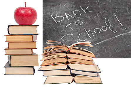 回到学校 写在黑板上 有书和红苹果图片