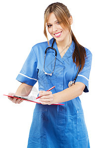 白色背景的友善护工蓝色专家医生护士床单女士职业女孩诊所木板图片