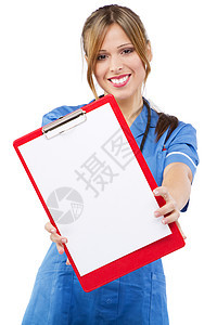 白色背景的友善护工工作药品女性微笑头发护士工人工作室木板蓝色图片