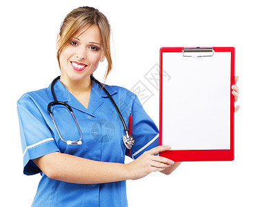 白色背景的友善护工专家医生职业蓝色卫生工作室工作头发女性床单图片