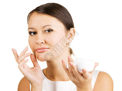 年轻美貌女性使用皮肤奶油身体护理化妆品福利润肤皱纹女士女孩保健治疗图片