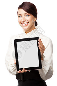 有平板电脑的迷人年轻女子闲暇教育微笑快乐学生学习享受女士技术办公室图片