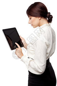 有平板电脑的迷人年轻女子办公室药片技术女士女性学生教育软垫互联网享受图片