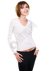 美丽的年轻女性白色衣服女士微笑衬衫女孩黑色情感快乐喜悦图片
