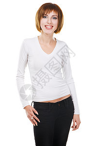 年轻美女的肖像工作室衣服白色喜悦裤子微笑女性情感女孩快乐图片