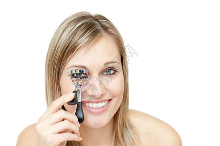 笑女人用睫毛卷发镜子眼睛睫毛膏女孩女性皮肤喜悦化妆品成人白色图片