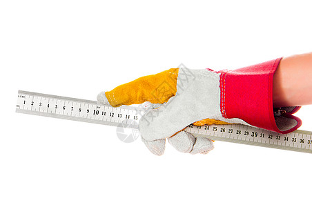 带标尺的手套手乐器统治者教育黄色学校工具白色金属测量公制图片