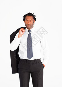 友好的商务人士在看摄影机职业黑色经理套装男性领带工作衣冠商务商业图片