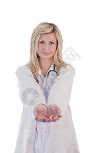 手握避孕药的女医生女士流感保健棕榈帮助药店药剂师止痛药药物抗生素图片